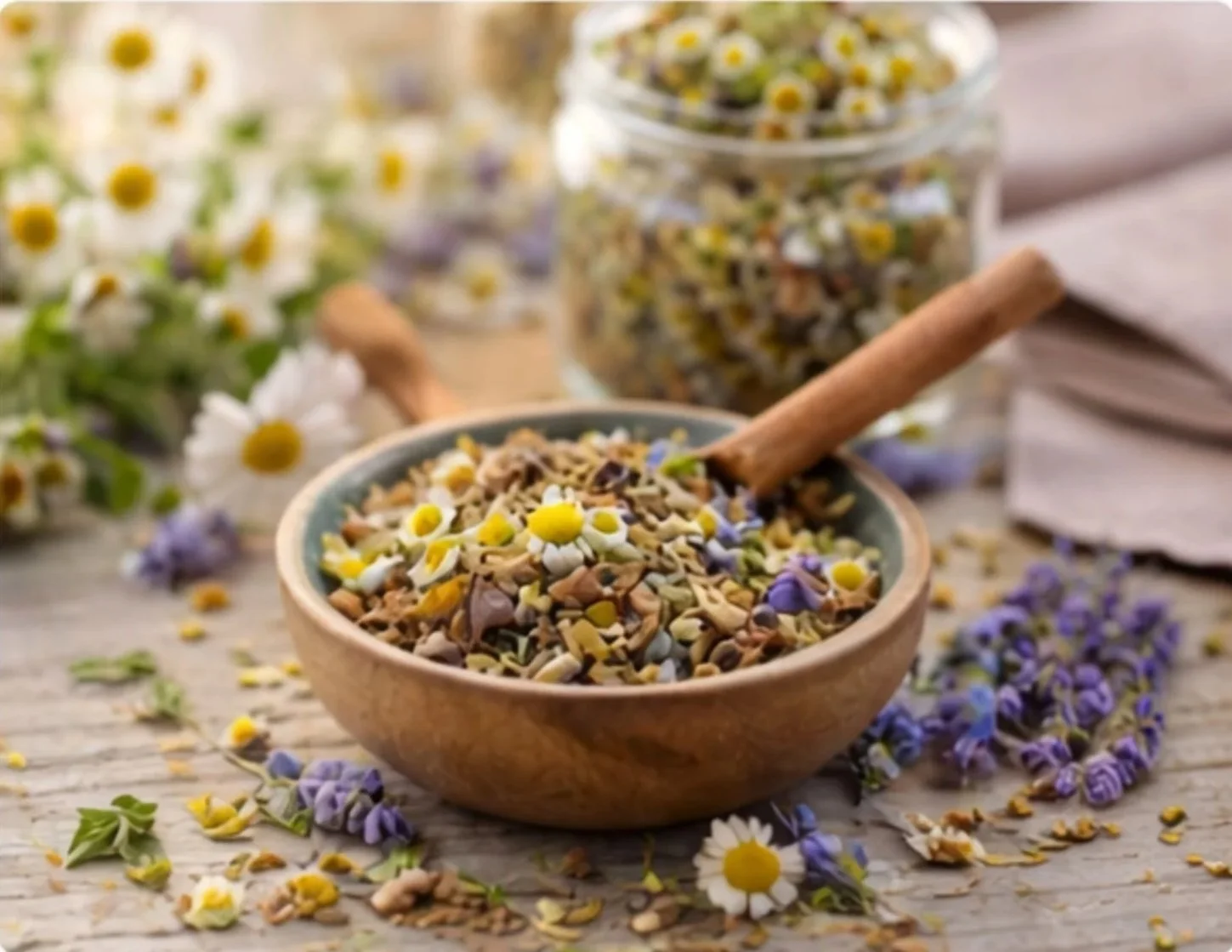 A wooden bowl filled with dried chamomile and lavender flowers, with a cinnamon stick resting inside, on a rustic wooden surface with scattered flowers around.