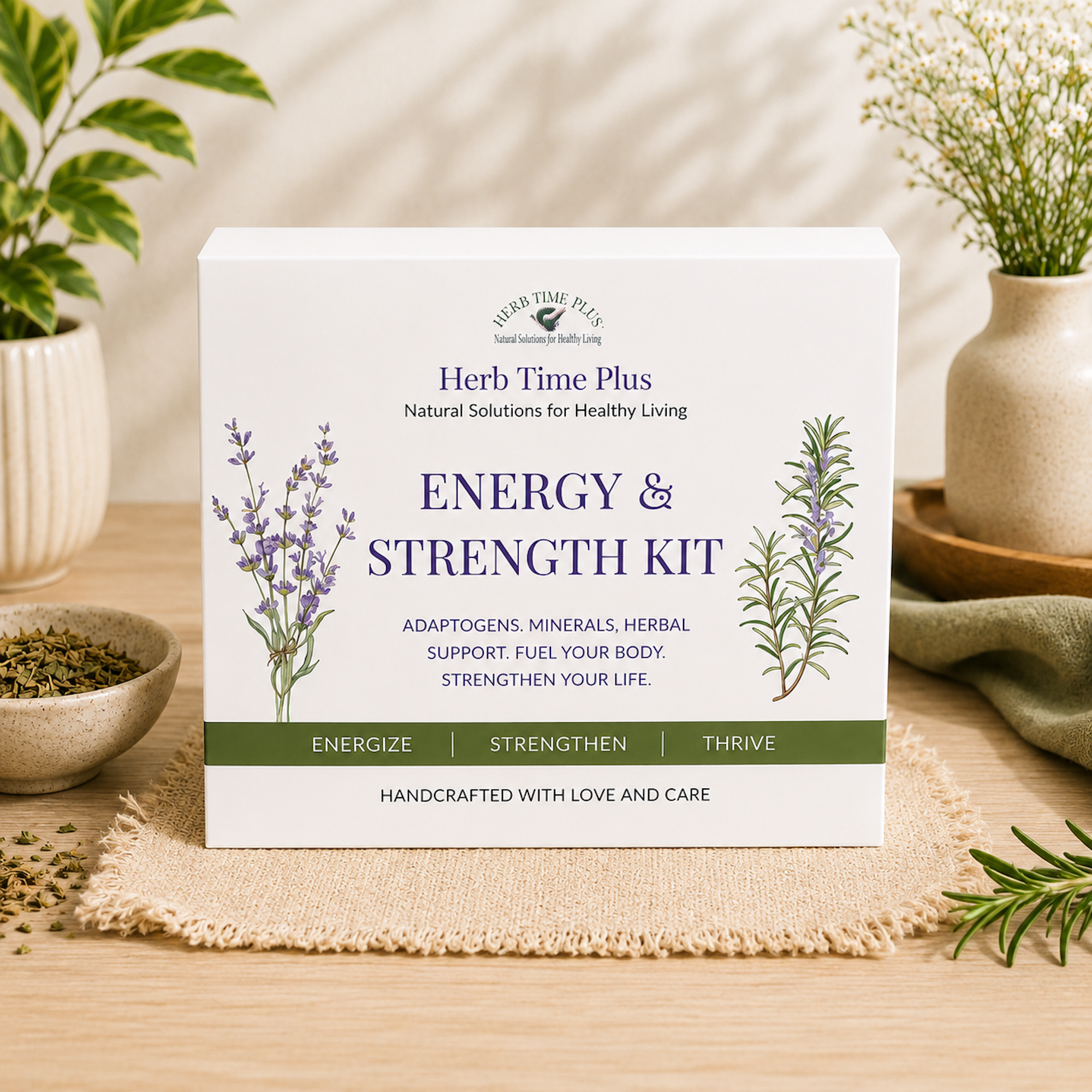 energy-and-strength-kit.png: a square white box with energy and strength written on it, sitting on a cloth on a table with herbs and plants around it