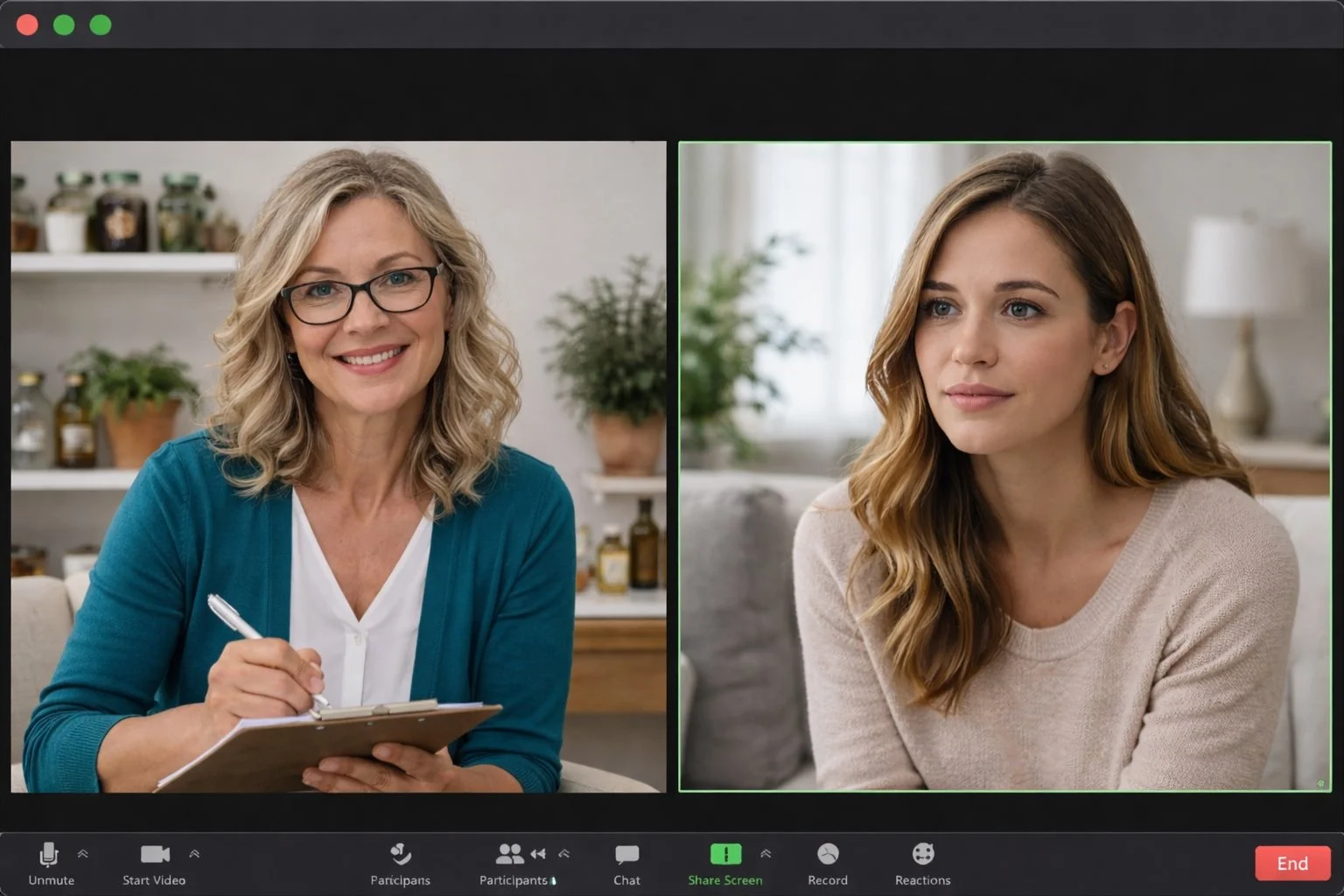 A health coach on zoom talking to a female client.