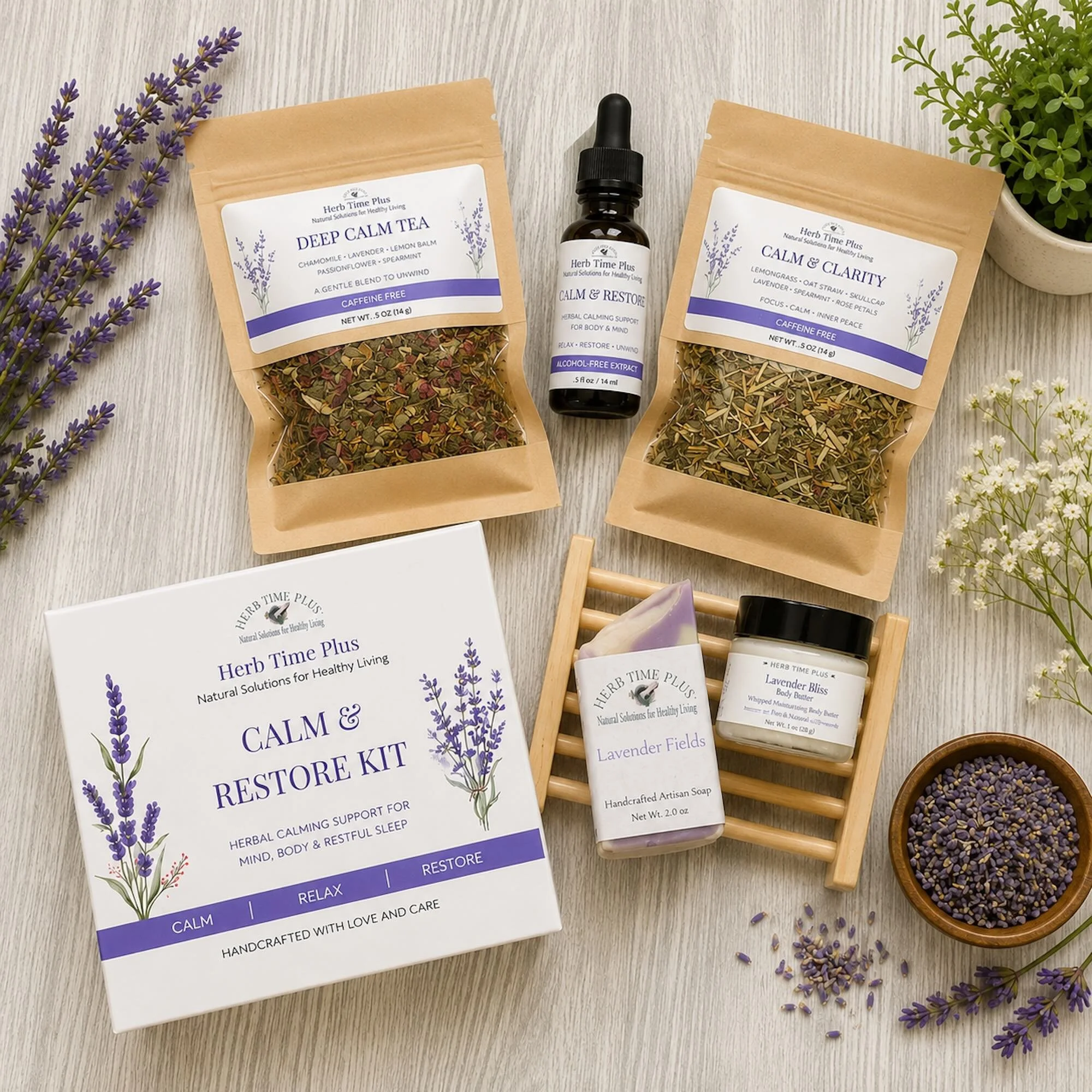 calm-and-restore-wellness-kit-herb-time-plus.jpg: two bags of loose leaf tea, amber extract bottle, soap on soap dish, body butter on counter with flowers around it