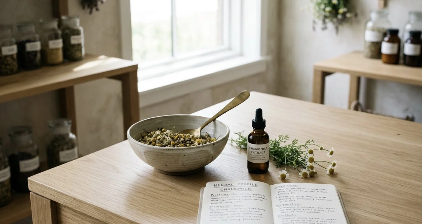 a wooden table with an open book, amber tincture bottle, bowl filled with chamomile and on table