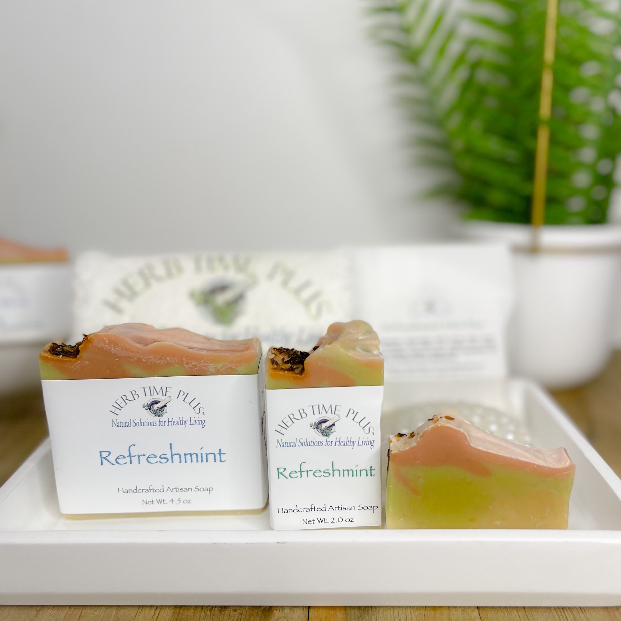refreshmint-soap-bar-display.JPEG:three different size bars of refreshmint soap sitting on a tray with a plant and soap bar in the background