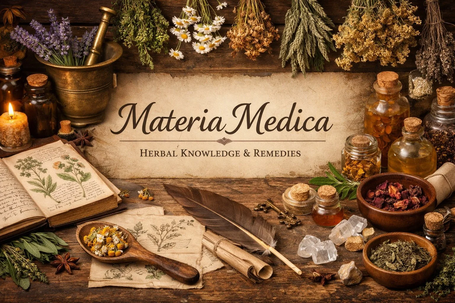Materia Medica header with botanical drawings, dried herbs, glass jars, and apothecary tools.