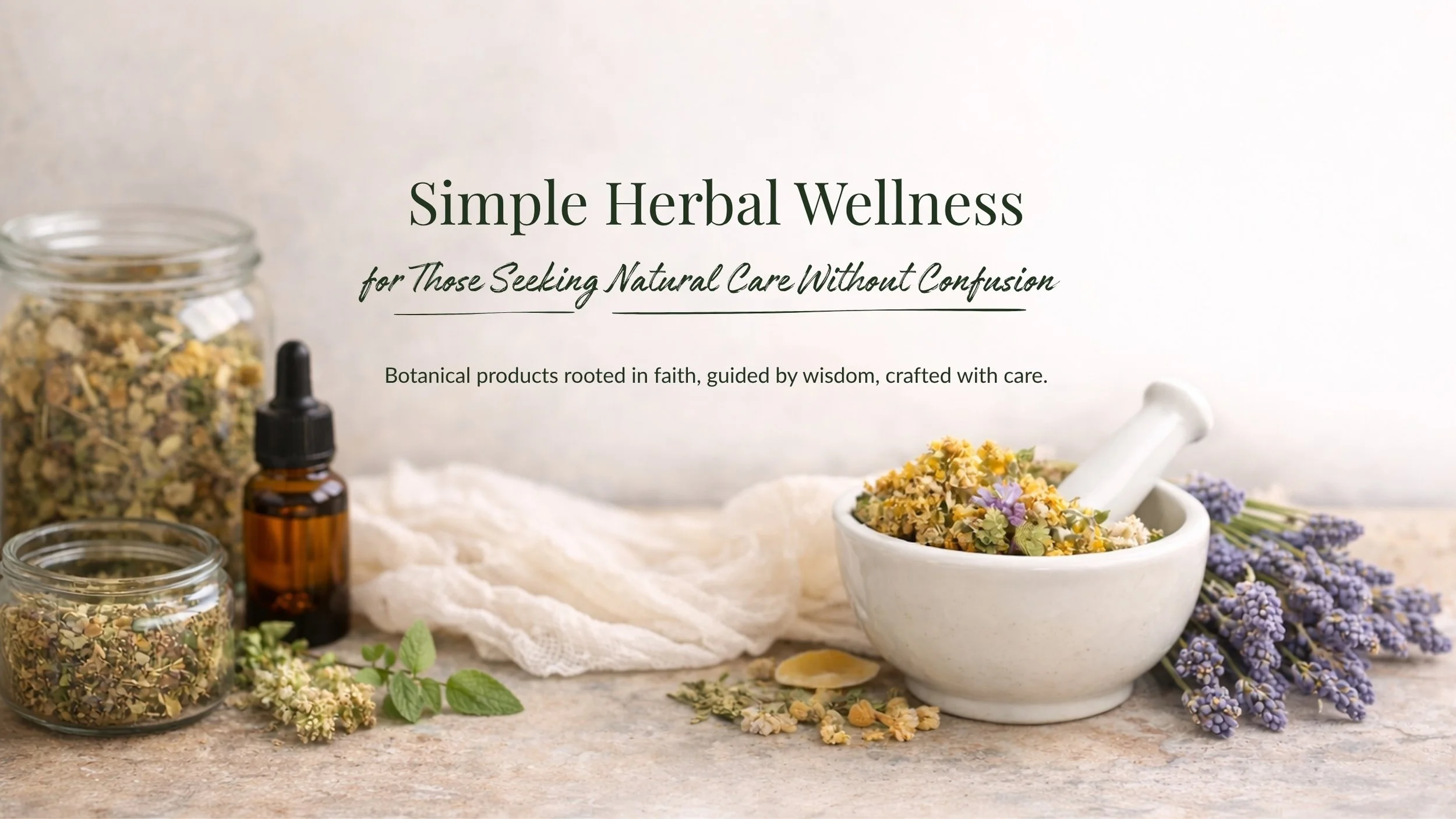 A marketing banner for herbal wellness products featuring jars of dried herbs, a small amber essential oil bottle, fresh herbs, and a mortar and pestle with dried flowers, set on a neutral surface with scattered herbs and flowers.