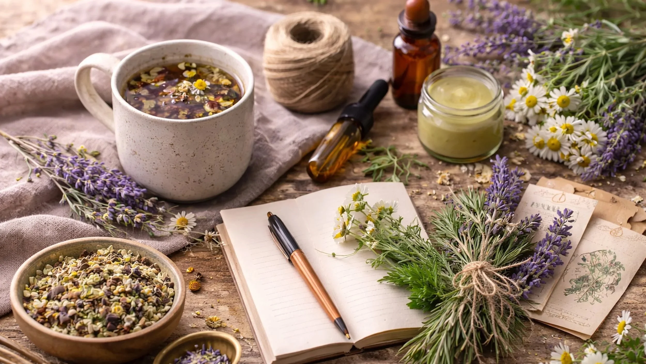 A rustic setup with a cup of herbal tea topped with chamomile flowers, an open recipe book with a pen, fresh and dried lavender and chamomile flowers, a jar of green balm, a small amber essential oil bottle, a coil of twine, a bowl of dried herbs, and scattered flower petals on a wooden table and a linen cloth.
