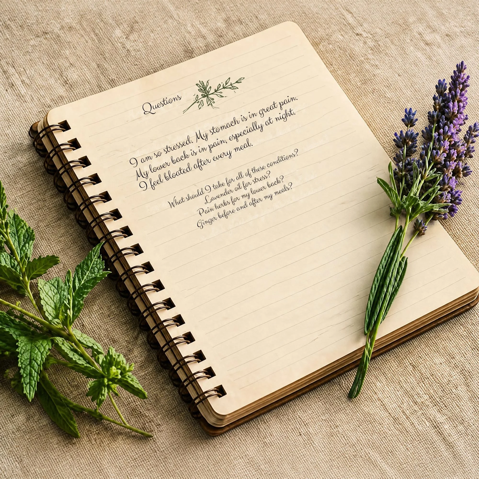 a note pad with writing on it sitting on a table with herb plants around it.