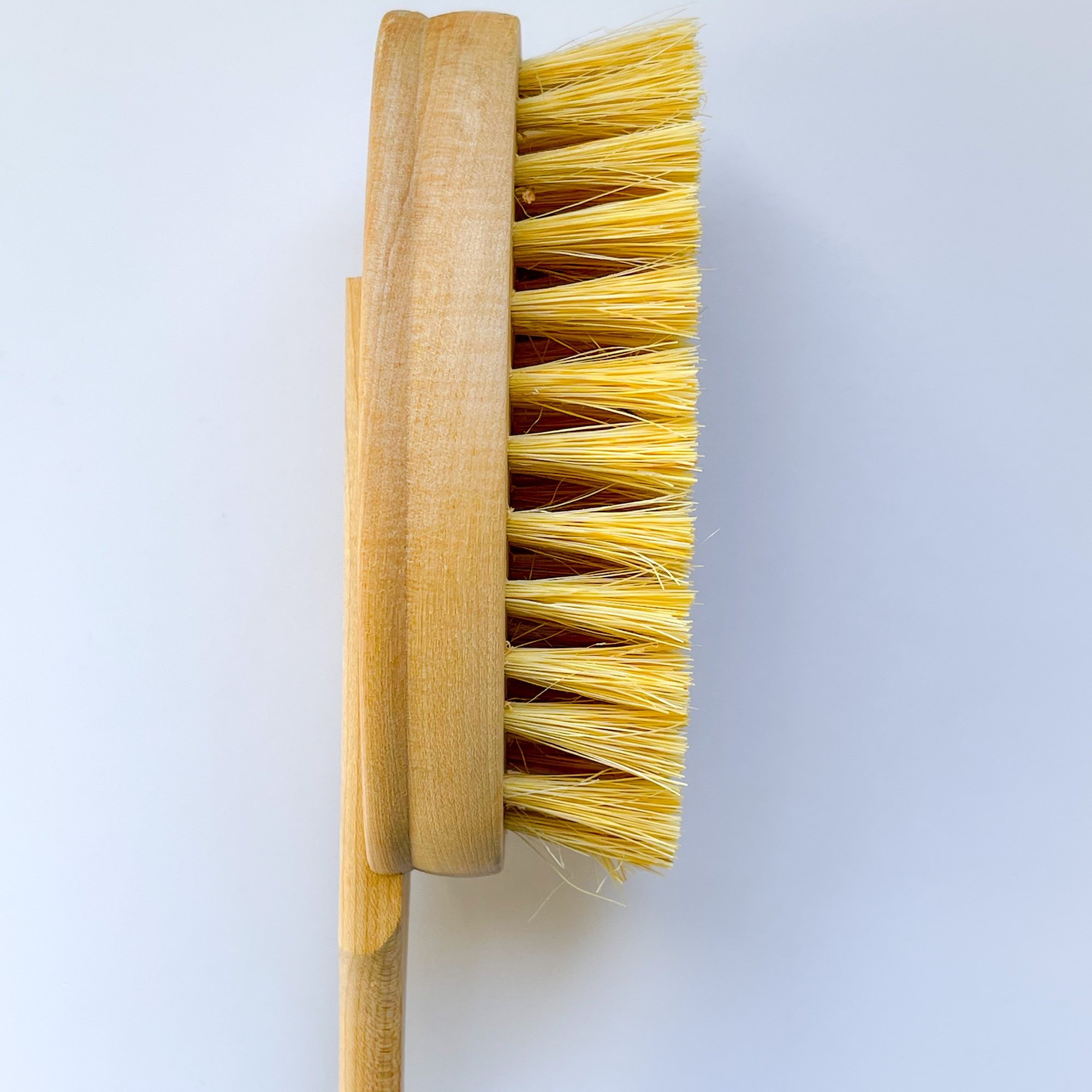 vegetable-fiber-skin-brush-side.jpeg: Close up of vegetable fiber skin brush on its side