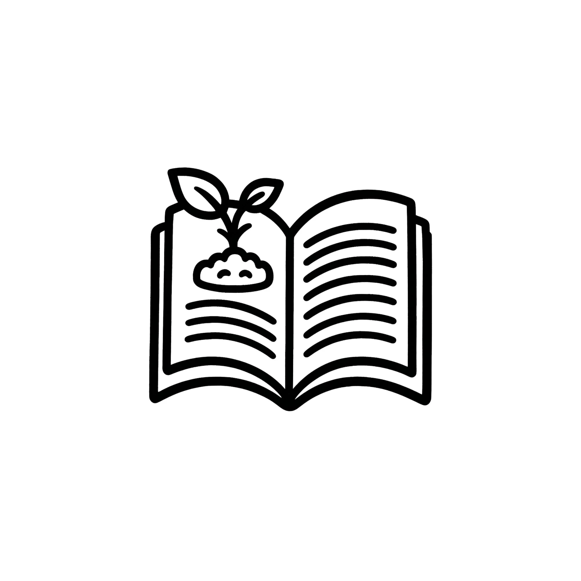 a line drawing of a book with a plant in the upper left corner