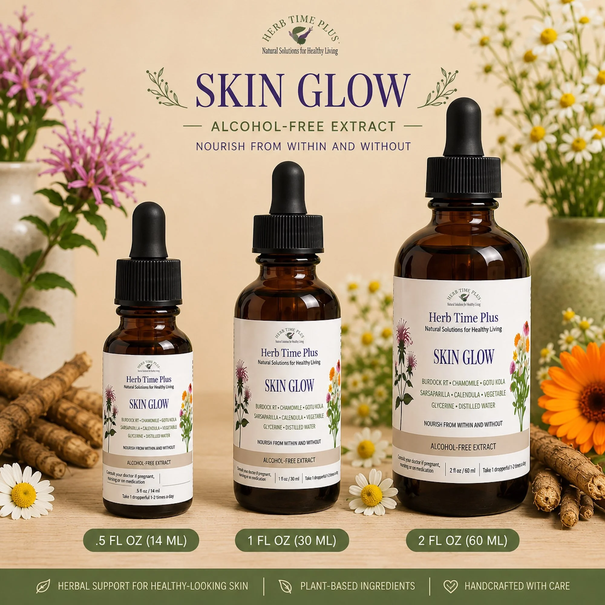 skin-glow-extract.jpg: three different size extract bottles on a counter with flowers around the bottles