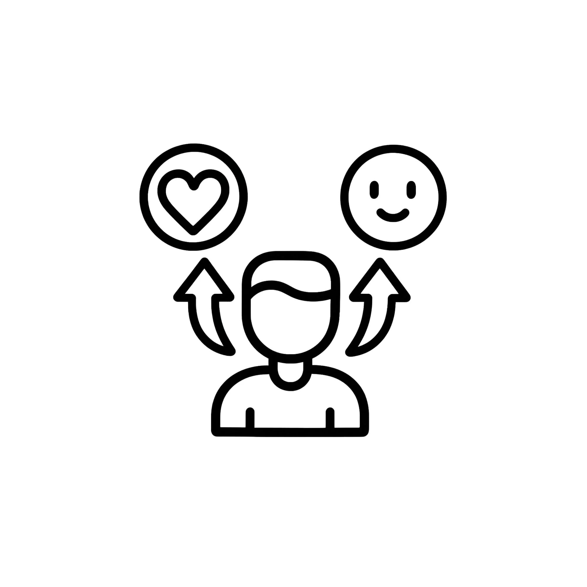 a line drawing of a man with arrows pointing up from each shoulder with a heart on the left and a smiley face on the right.