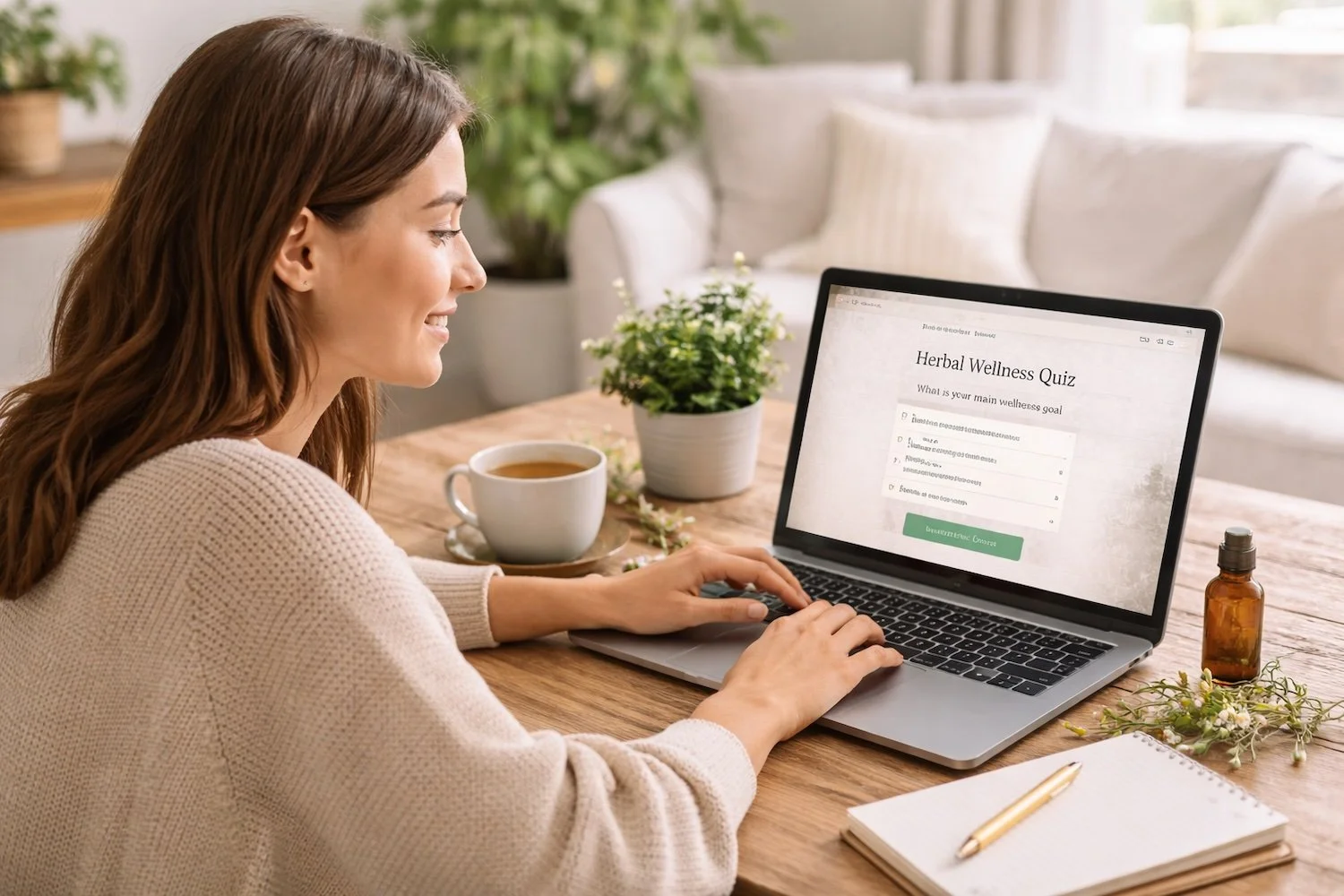 Woman sitting at a table taking an herbal wellness quiz on a laptop with a cup of herbal tea and botanical ingredients nearby.