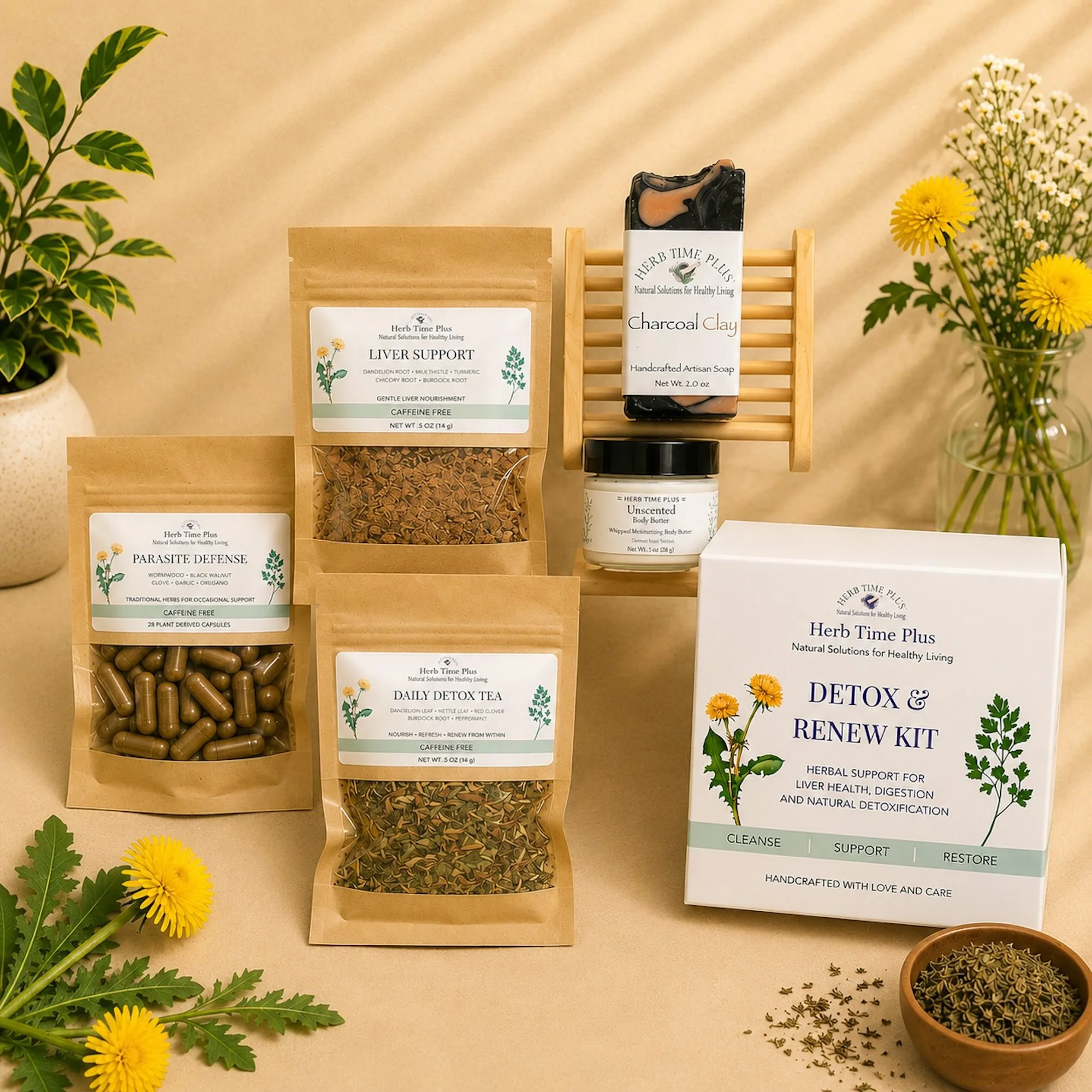 detox-and-renew-wellness-kit-herb-time-plus.jpg: three herb bags with tea, soap, body butter, and soap dish on table with plants around it