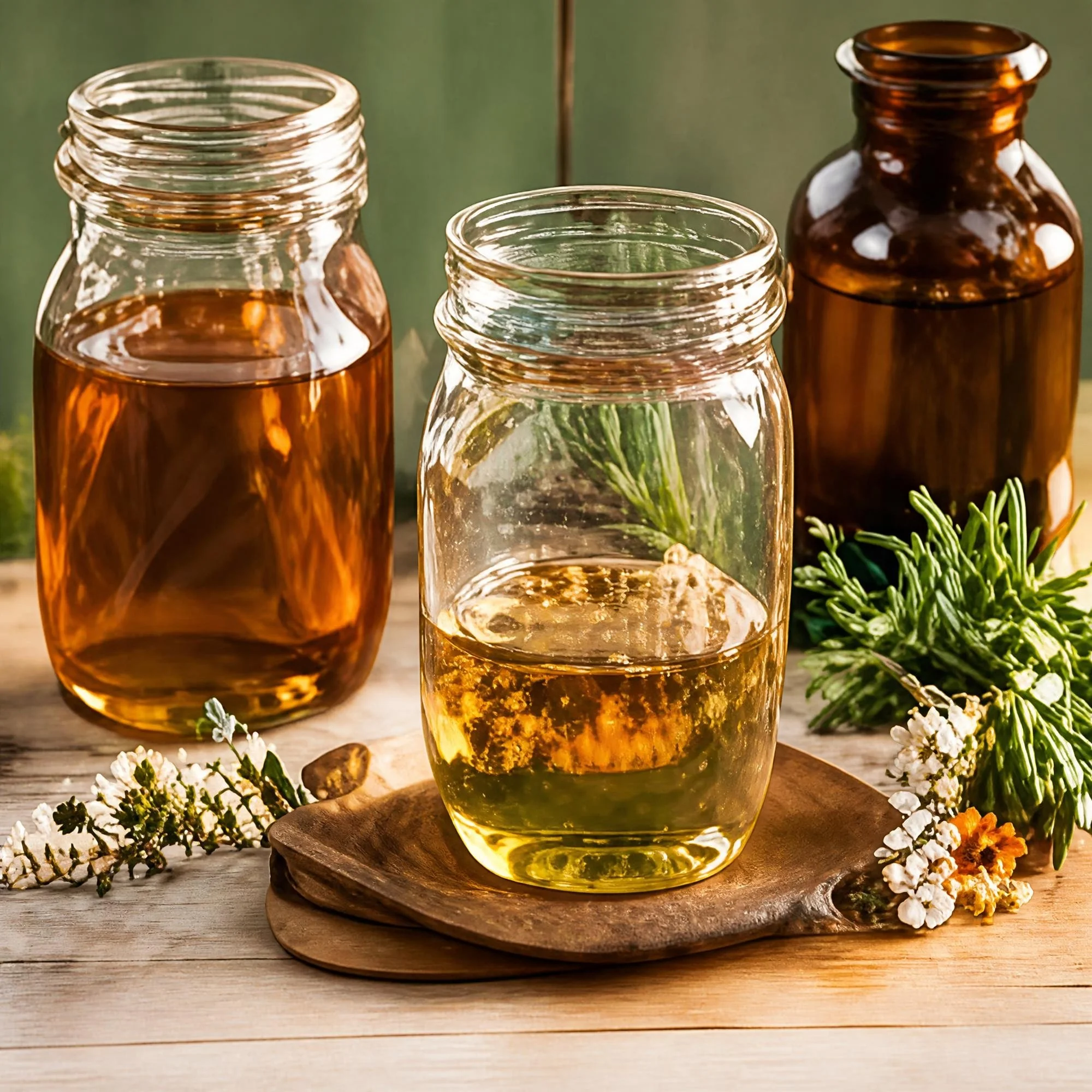 three jars with honey in one, tea in one, and water in one, with loose herbs around the jars.