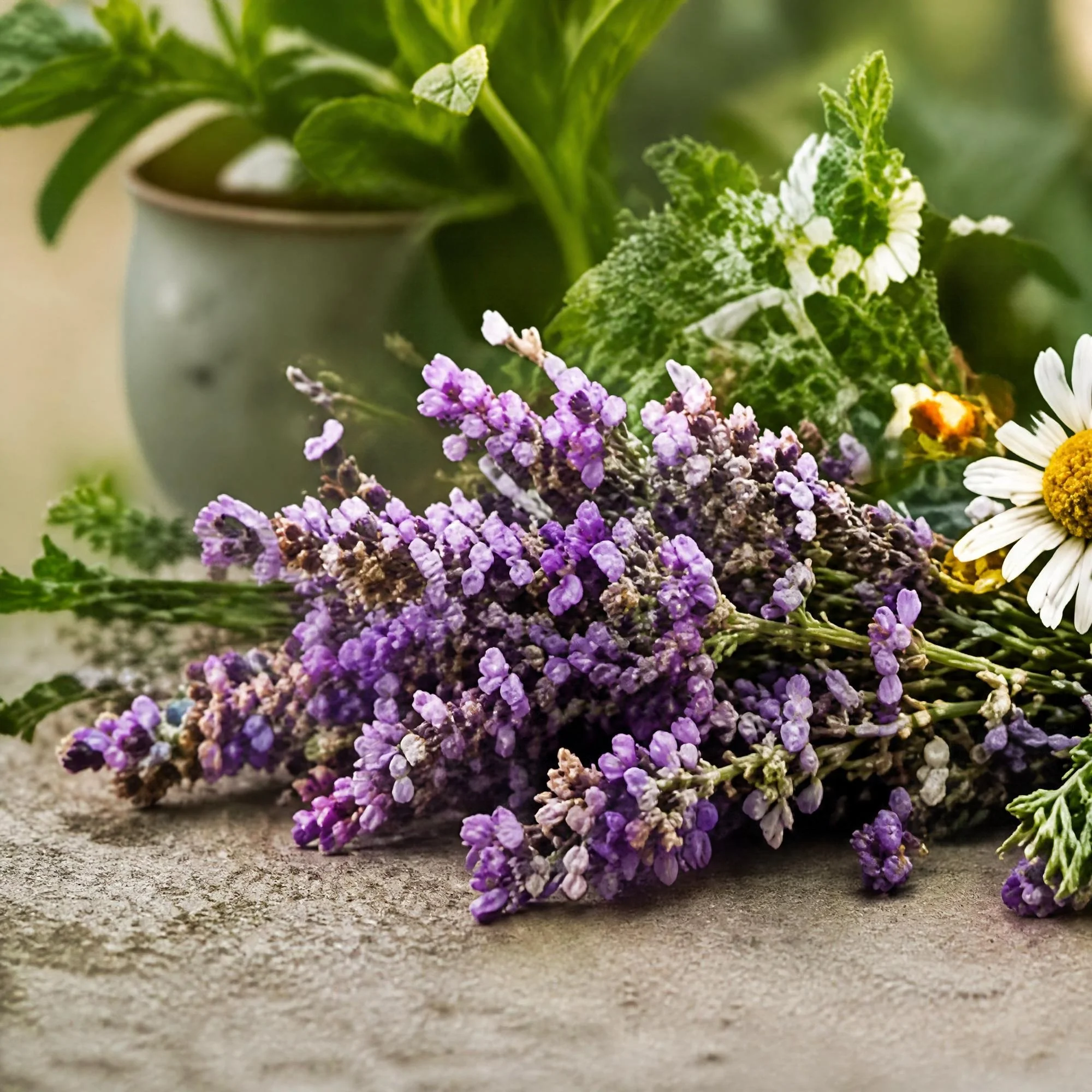 lavender flowers on a counter with a mug behind it.