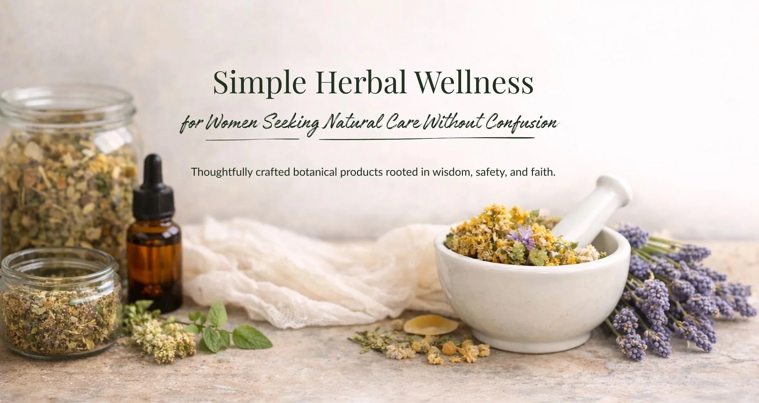 Natural herbal teas and botanical wellness products on neutral background.