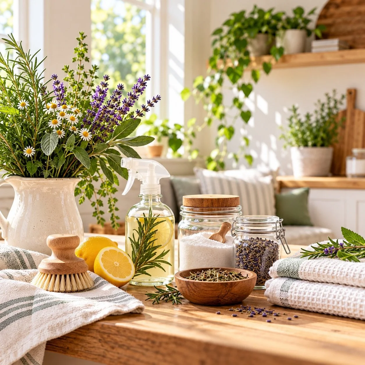 Sunlit natural home with herbal plants, lemon-infused cleaning spray, glass jars, lavender, rosemary, and reusable cleaning supplies arranged on a rustic wooden table.