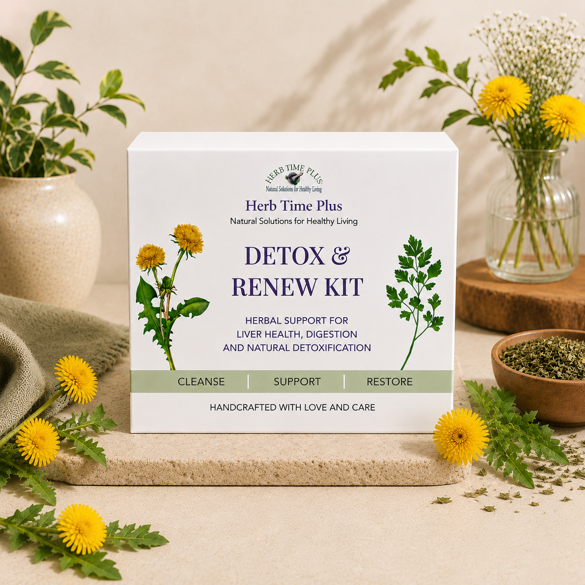 detox-and-renew-kit.png: a white box with detox and renew kit written on it, sitting on a counter with flowers behind it