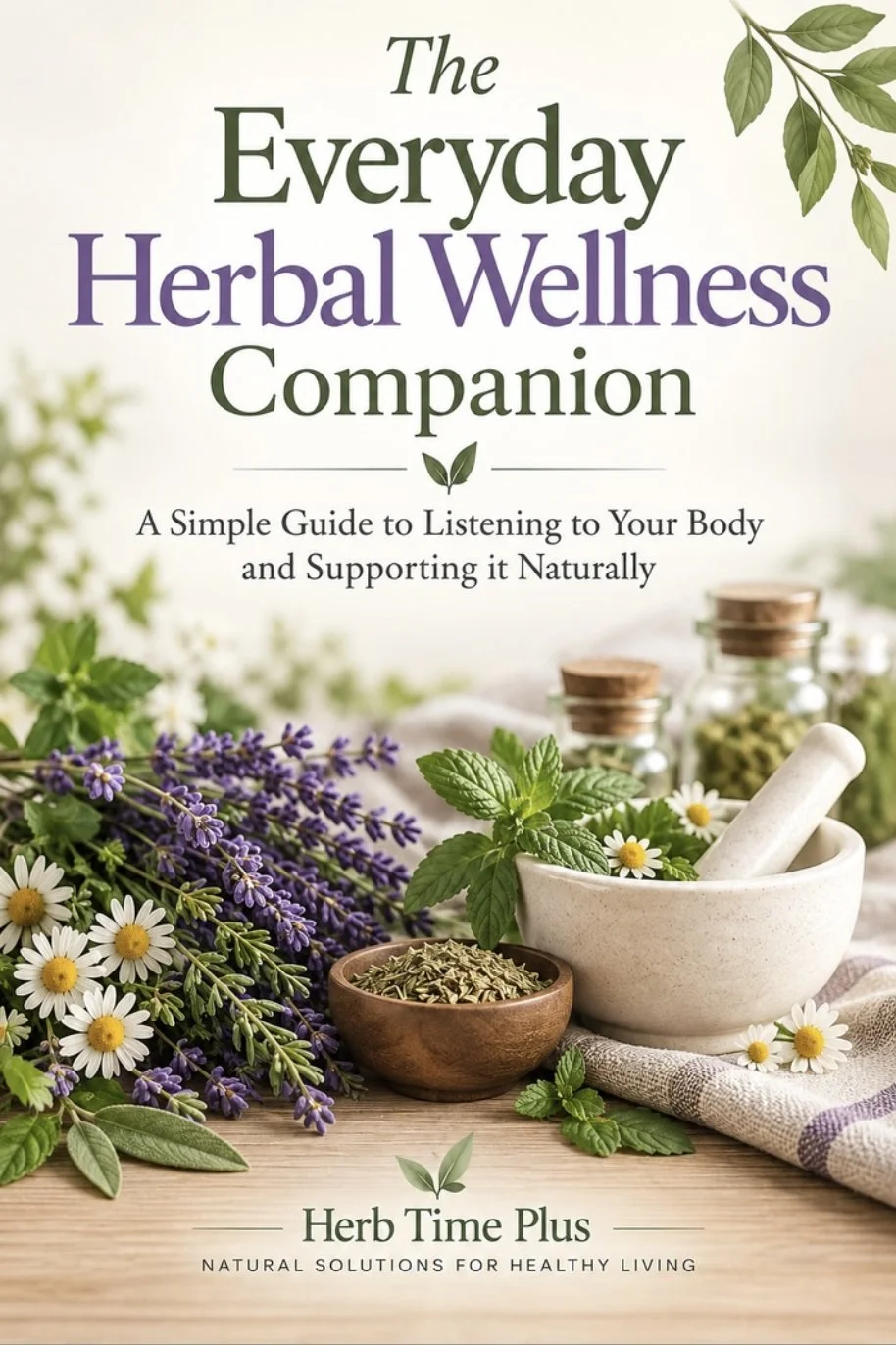 everyday-herbal-wellness-companion.jpg:ebook cover with herb tea cup surrounded with loose herbs and title of ebook
