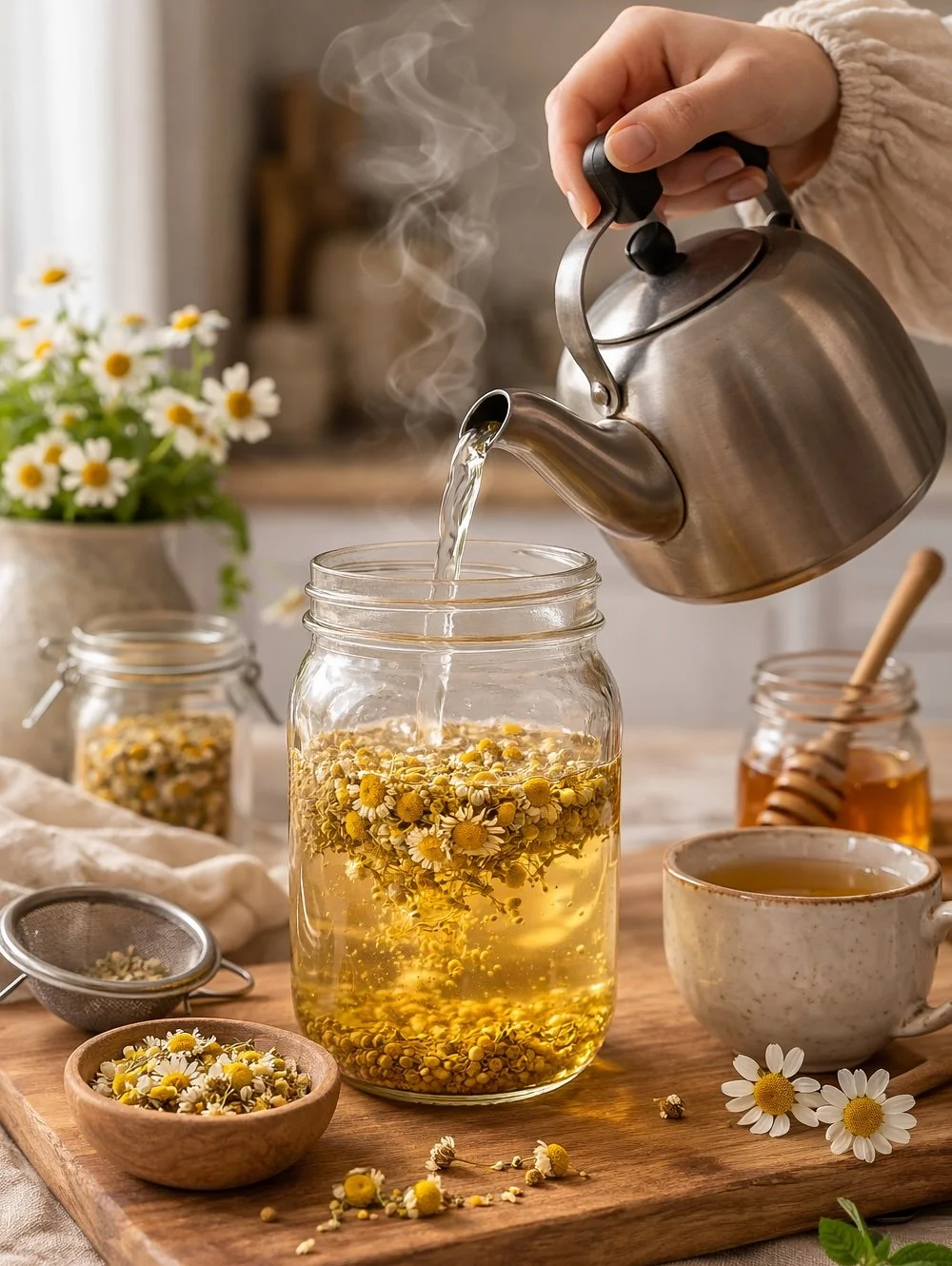 boiling water being poured into a jar over chamomile flowers to make tea