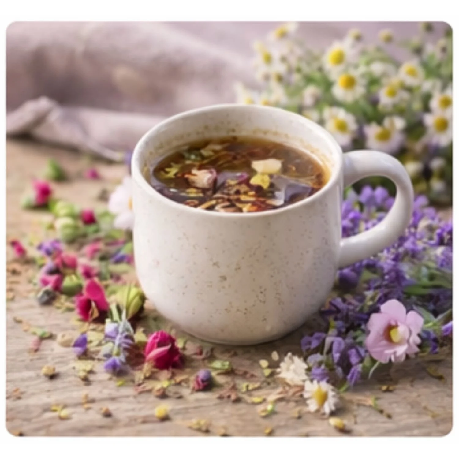 white tea cup on a table with herbs floating in tea and on table around cup