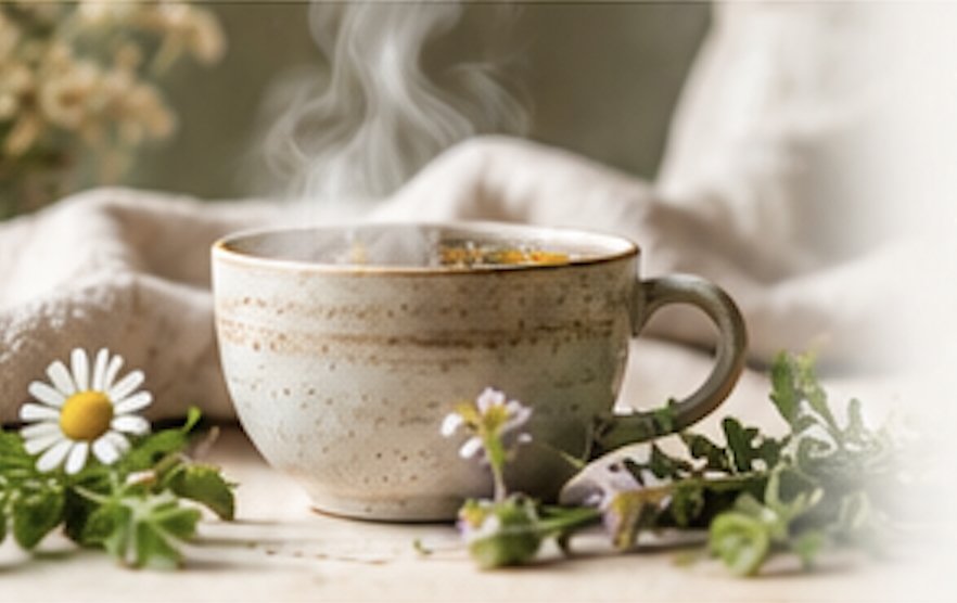 a cup of steaming tea with plants around it and a tea towel behind it.