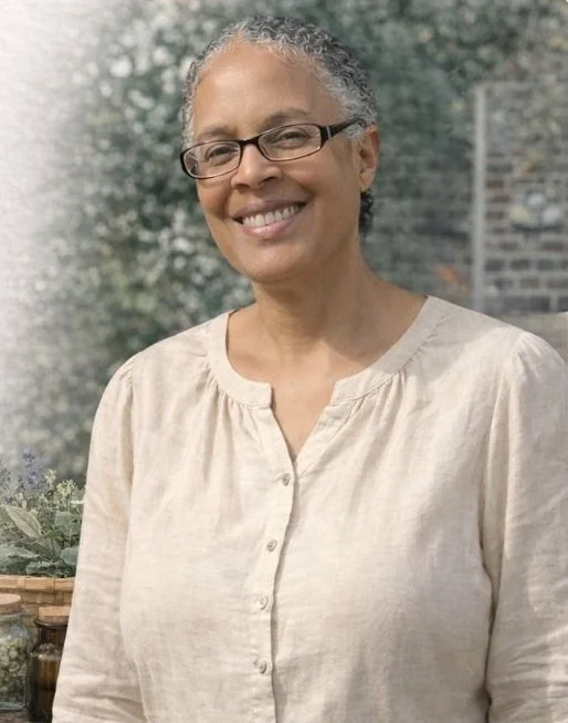 A smiling woman with gray curly hair and glasses, wearing a beige blouse, standing outdoors with a background of greenery and a brick wall.