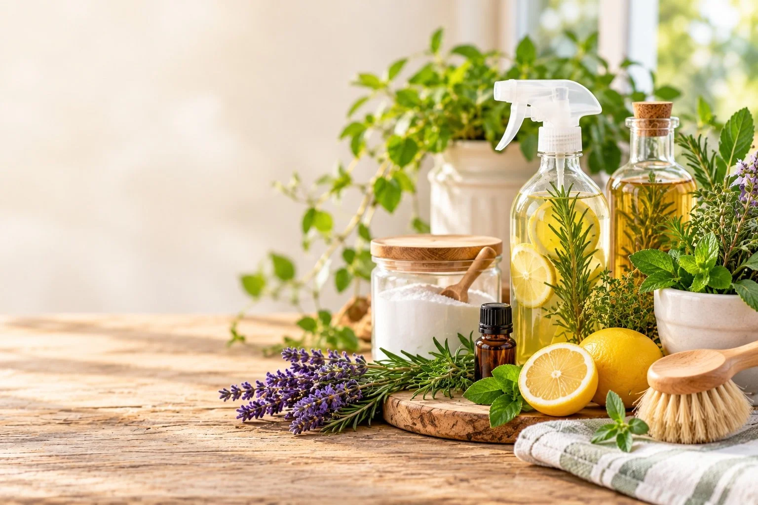 natural living, clear spray bottle with lemons and rosemary herbs inside it. Amber bottle and clear jar with brown lid with white powder, and herbs on a table