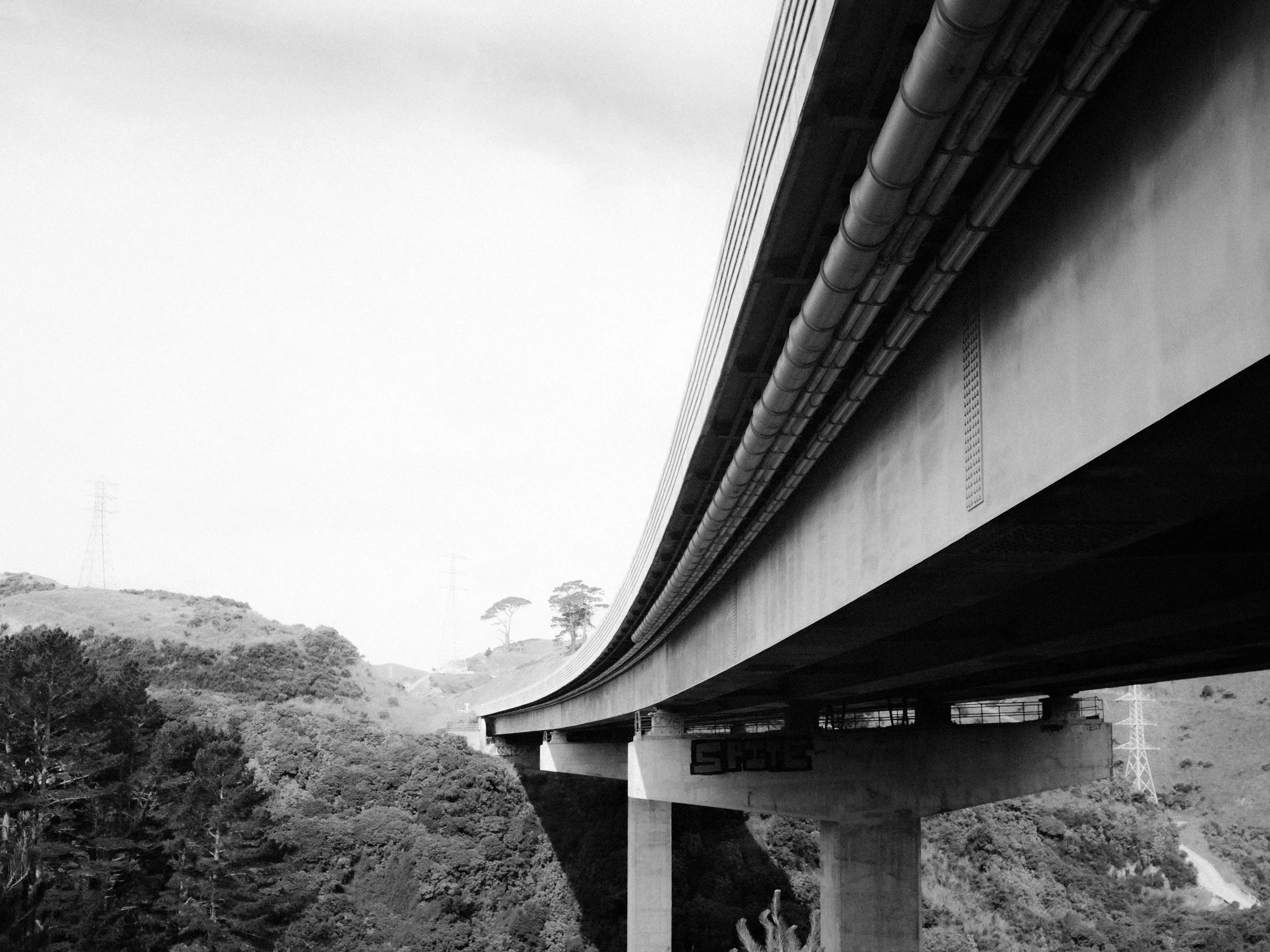 Black and white photo of a highway bridge with multiple pipes running along its side, over a landscape of trees and rolling hills.