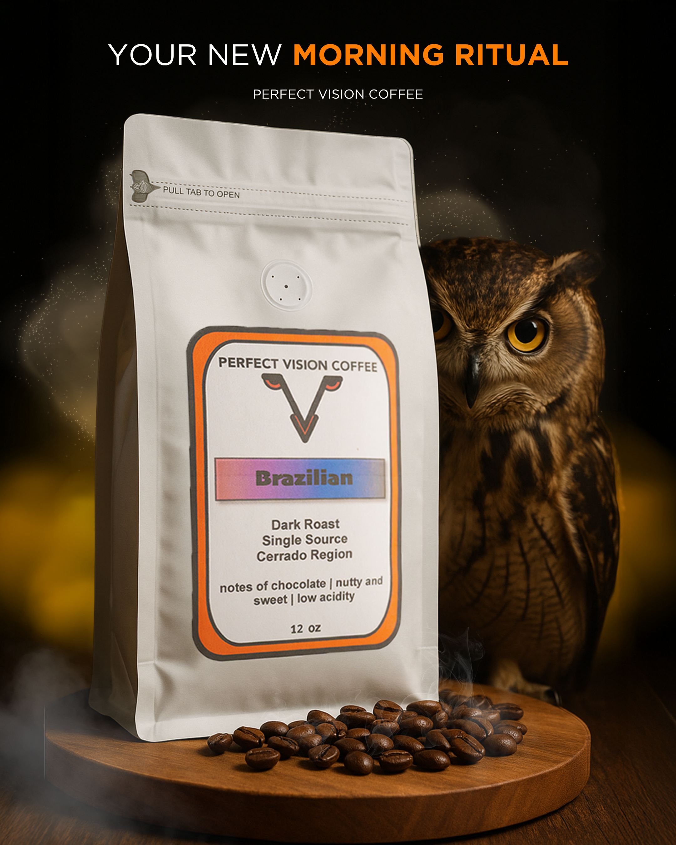 A white bag of Perfect Vision Coffee labeled Brazilian dark roast, single source from Cerrado region, notes of chocolate, nutty and sweet, low acidity, 12 ounces, placed on a wooden surface with scattered coffee beans, an owl in the background, and a black backdrop with gold sparkles, promoting a morning ritual.