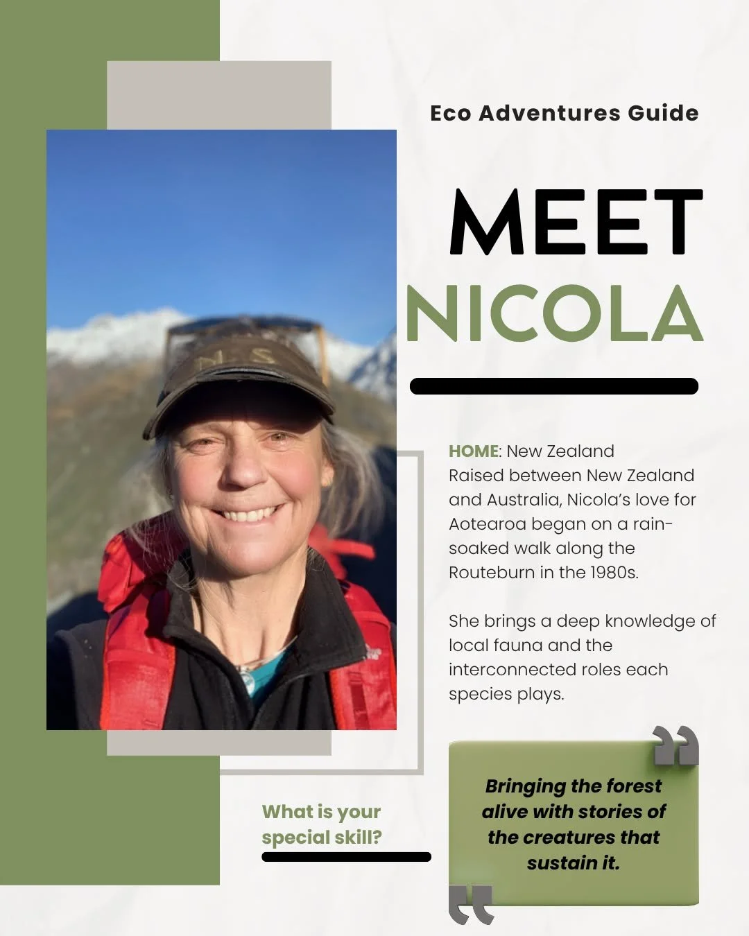 Meet Nicola! Nik has been guiding for Eco Wanaka for 5 years now and brings a breadth and depth of knowledge that is invaluable to our team! Make sure to ask her about the local fauna and flora in our region. She has been exploring the trails of Aote