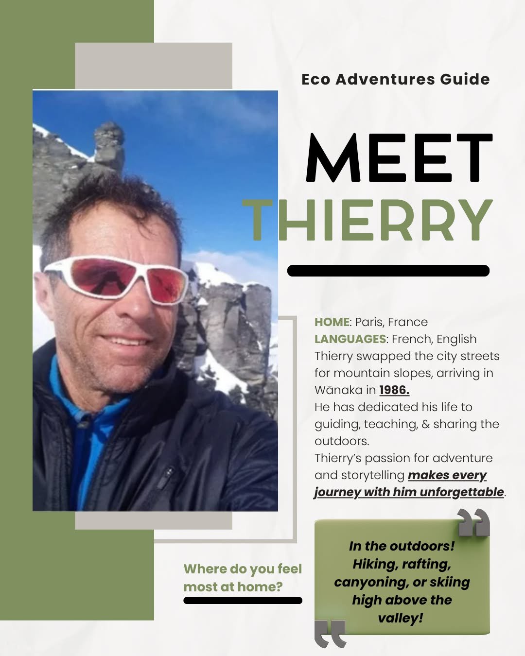 Meet Thierry! Our resident Frenchman and a fixture of the Wānaka community since 1986. The perfect blend of knowledge &amp; fun make every tour with him an experience! #tourguide #EcoTours #wanaka #GuidedTours #ecotourism #newzealand