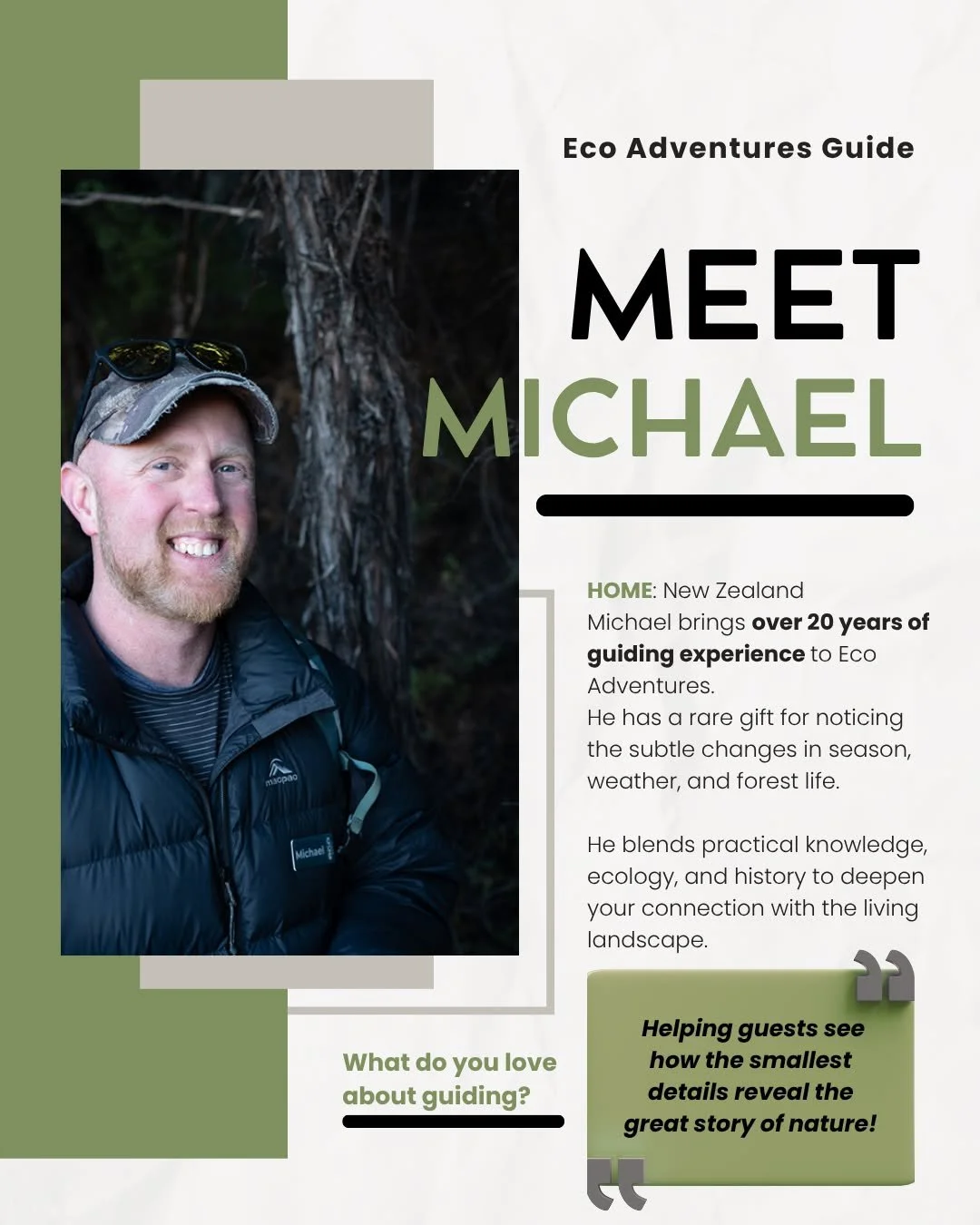 Meet Michael!
Skipper, Guide, Mechanic, Local with incredible knowledgeable about our Flora &amp; Fauna, he brings so much to our team! His passion for the outdoors &amp; protecting our land, waters, native birds and plants really shines through when