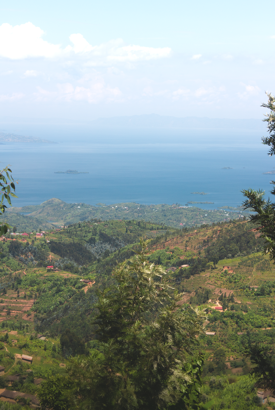 Scenic view of a lake or ocean with small islands, distant mountains, and lush green hills in the foreground.