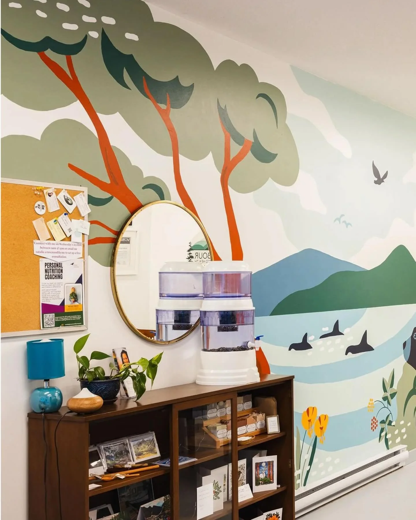 Harbour Integrated Health is a health centre nestled among the trees in beautiful Pender Harbour. We helped them bring their space to life with a mural that draws on the local landscape of arbutus trees and local wildlife. We incorporated their brand