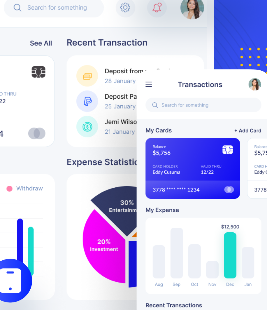 Screenshot of a mobile banking app showing recent transactions, a digital credit card with balance and expiration, expense statistics, and a bar chart of monthly expenses.
