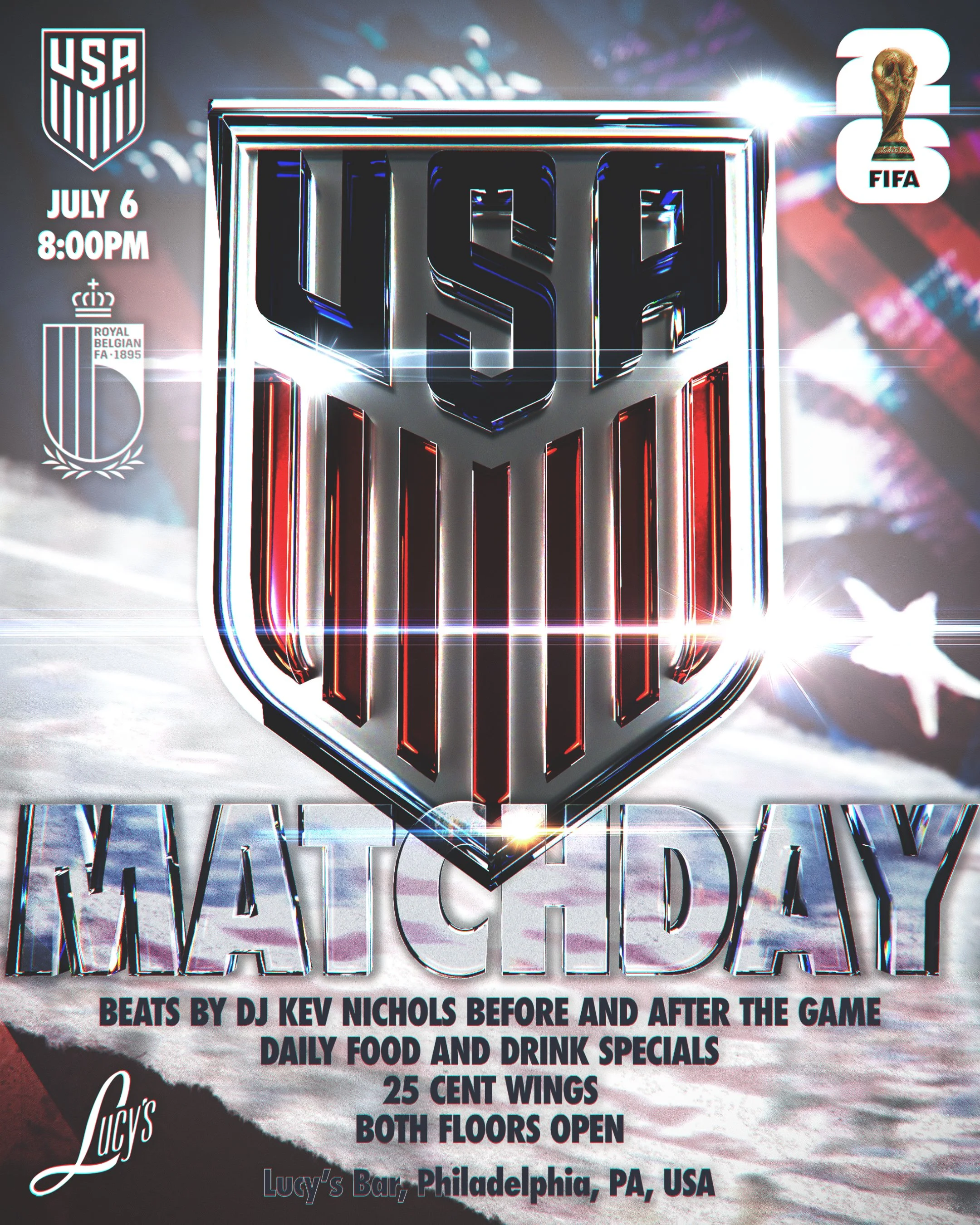 Promotional poster for a USA football game event at Lucy's Bar in Philadelphia, Pennsylvania. The poster features the USA Soccer logo, match details including date (July 6), time (8:00 PM), and various food and drink specials such as beats by DJ Kev 