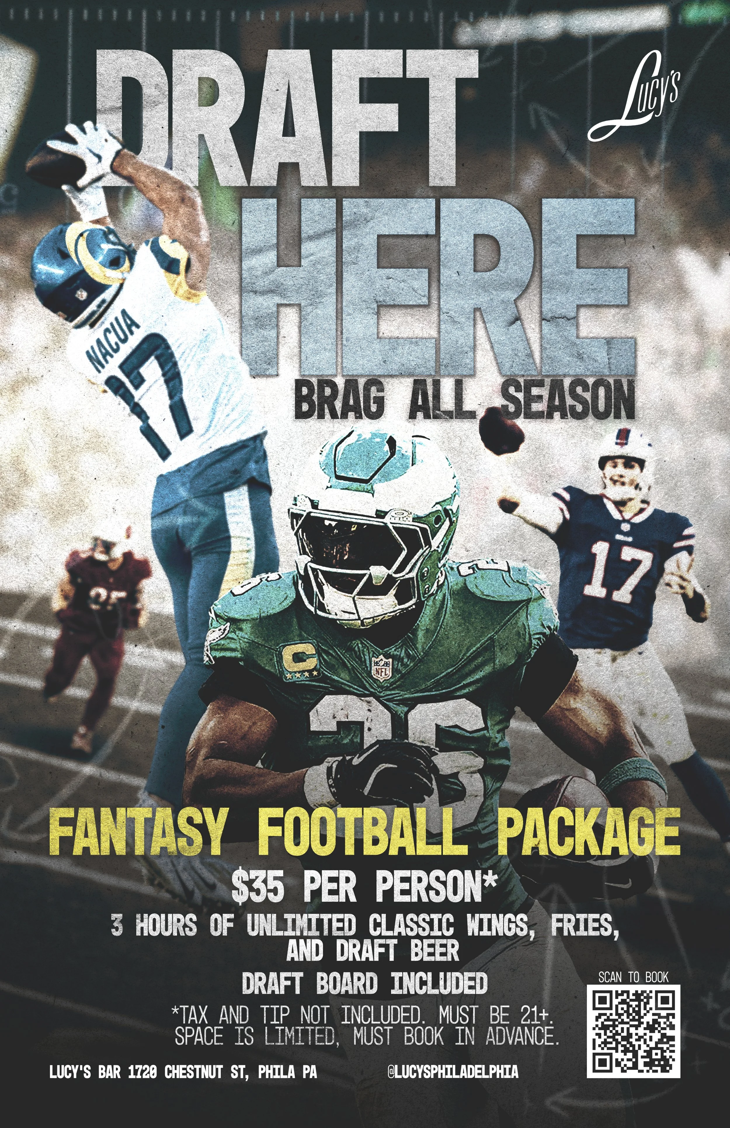 Poster advertising a fantasy football package at Lucy’s Bar, 1720 Chestnut Street, Philadelphia, PA. Features images of football players, including a quarterback and a running back, and mentions 3 hours of unlimited classic wings, fries, draft beer, 