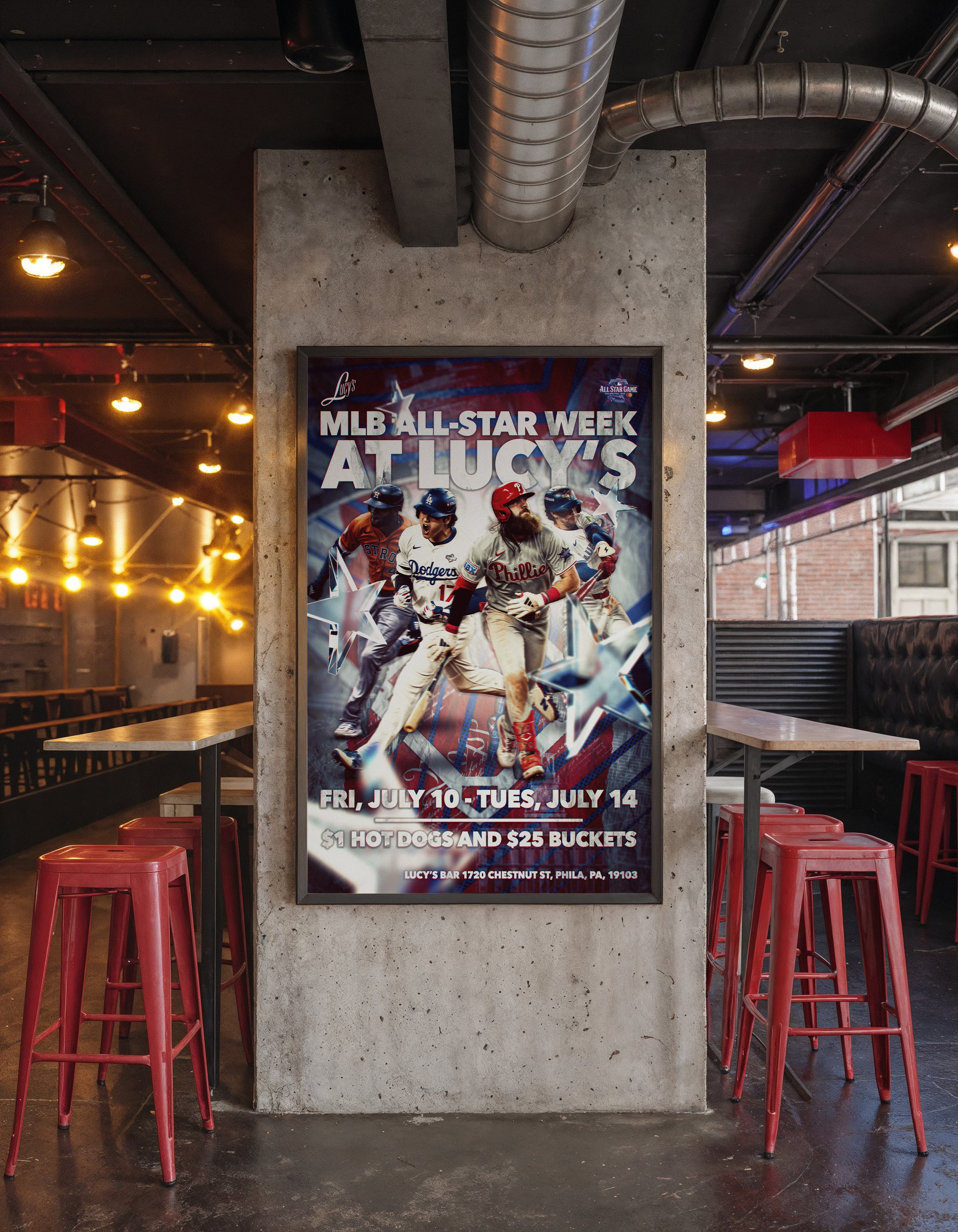 Poster advertising MLB All-Star Week at Lucy’s bar, featuring baseball players and details of the event from July 10 to July 14 with hot dogs and buckets of beer, located at 1720 Chestnut St, Philadelphia.