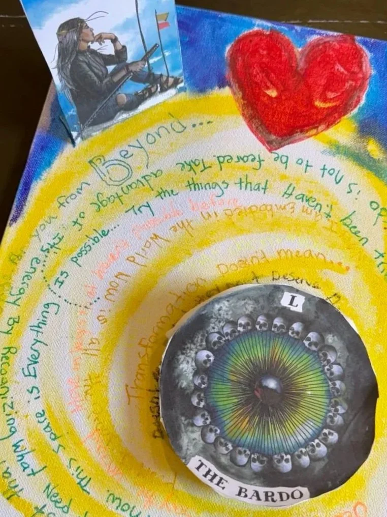 Mixed-media art inside a broken blue bowl featuring torn paper, gold textures, bright colors, and a feminine figure. Symbolizes healing, rebuilding, transformation, and beauty emerging through brokenness.