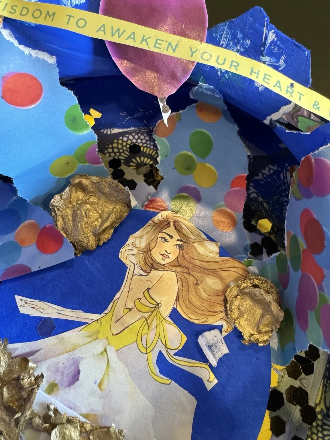 Expressive spiral canvas with handwritten reflections, bold colors, a red heart, and symbolic imagery exploring grief, transformation, liminality, meaning-making, and nonlinear healing