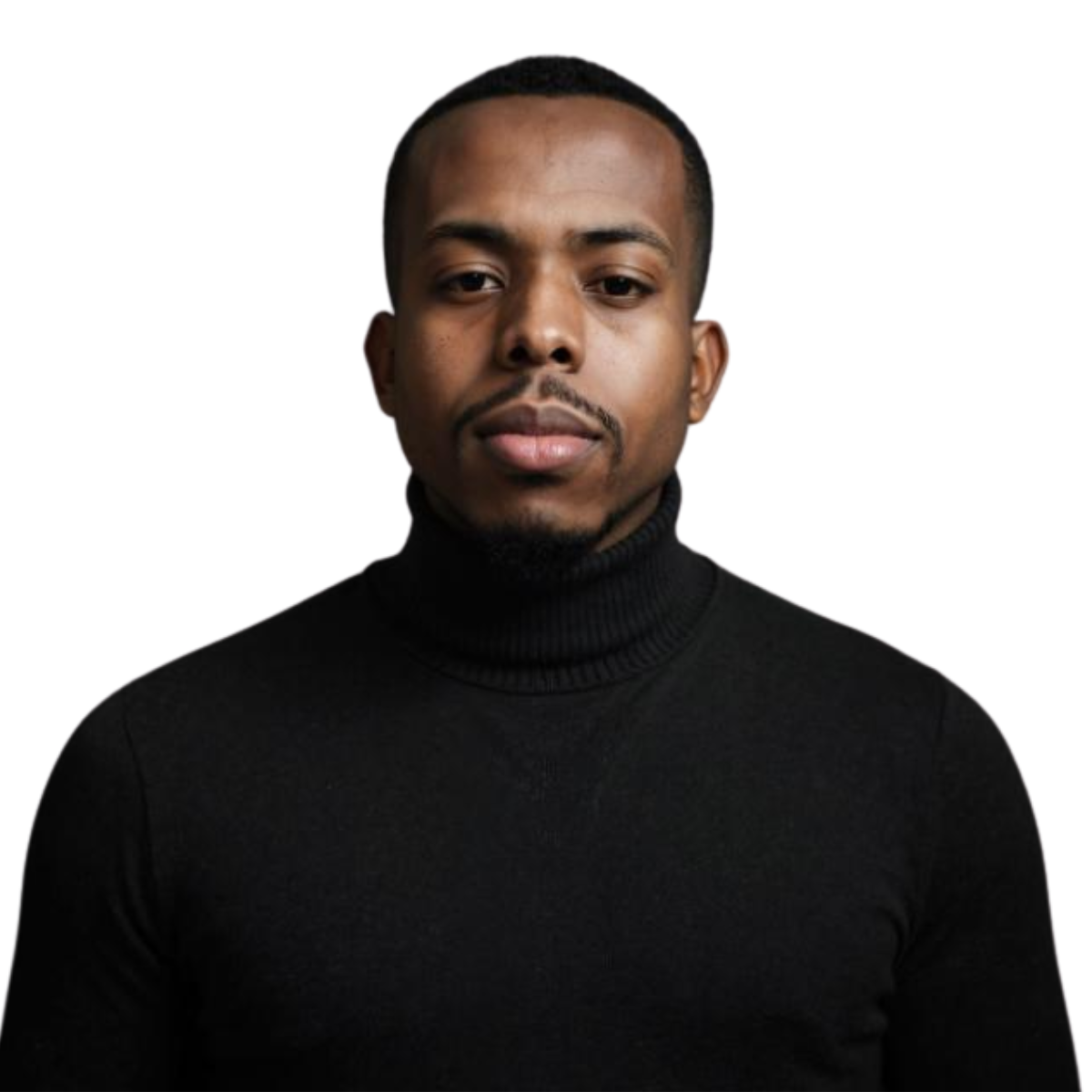 A young man with short hair, a goatee, wearing a black turtleneck sweater, looking directly at the camera with a neutral expression.