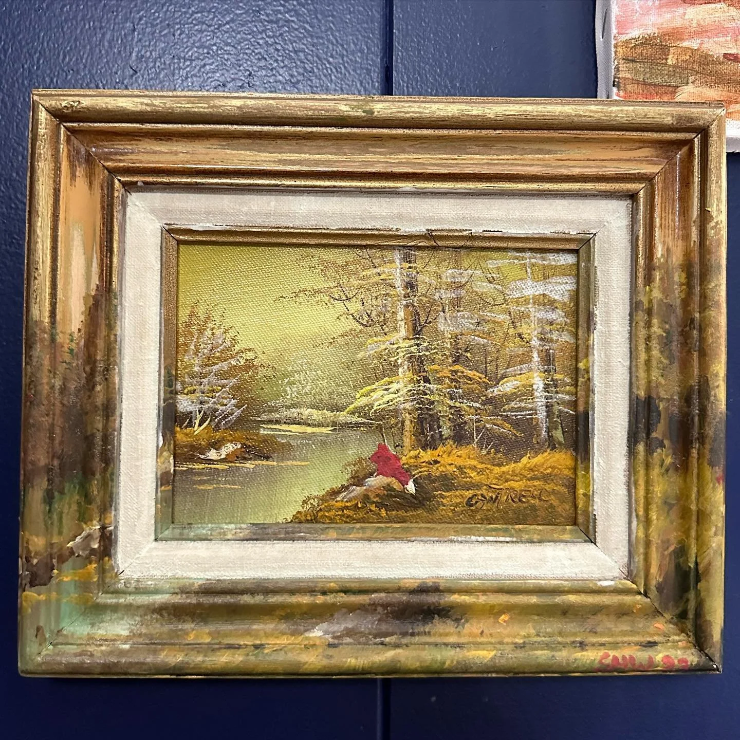 "Thrift Shop Paintings Made Better" trend with a small oil painting by Philip Cantrell. Leave it to me to find the one unwanted painting that actually has a noted (and prolific) artist. 
Sorry I'm reposting. It felt wrong to have painted ov