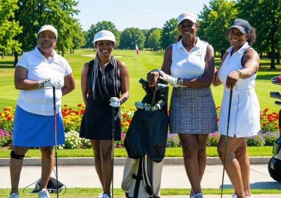 Four women standing on a golf course, holding golf clubs, with a golf cart and colorful flowers in the background, enjoying a day of golf.