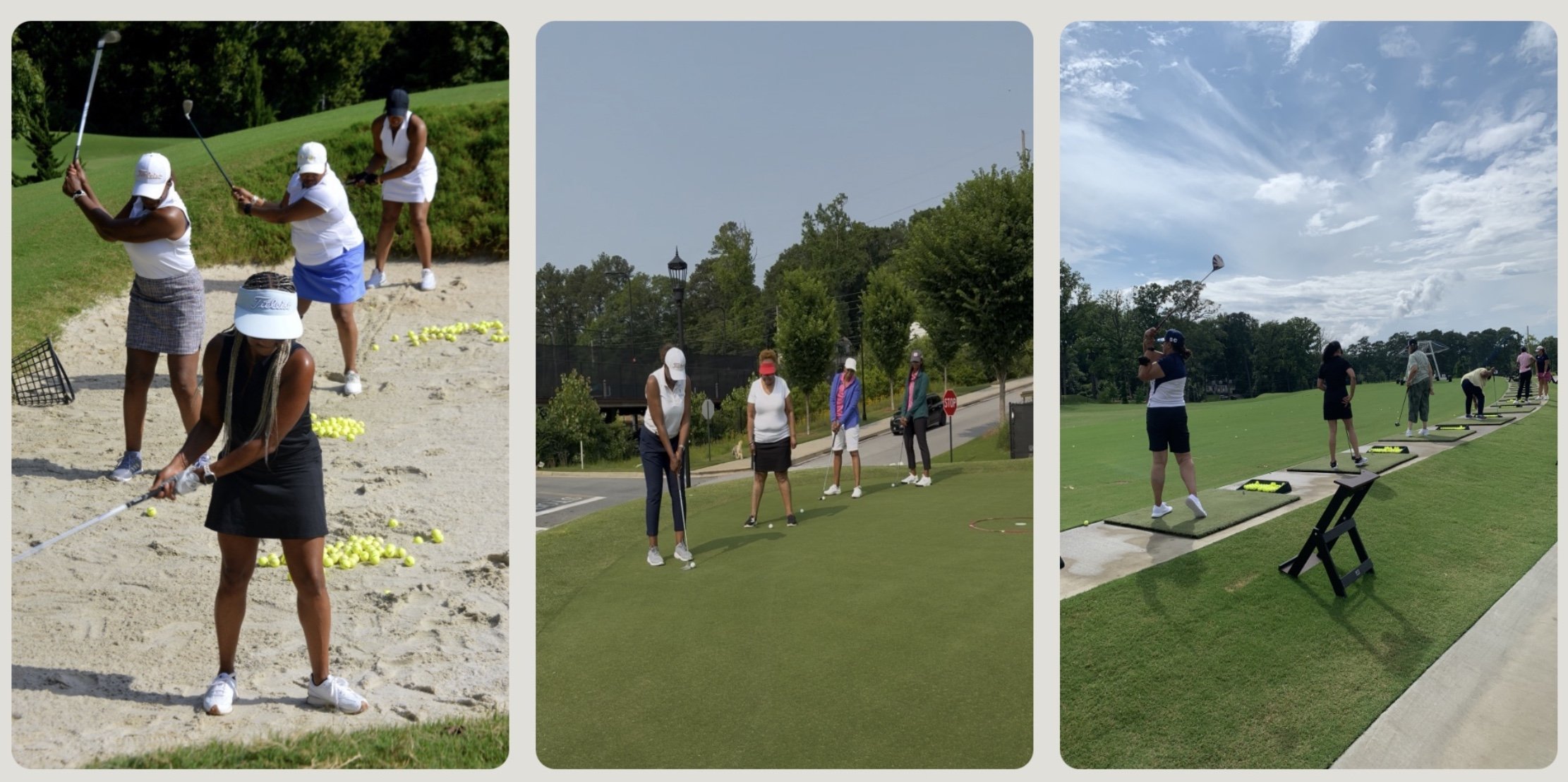Three sets of women practicing golf in different areas: on a sand bunker, on a putting green, and at a driving range, during daytime.