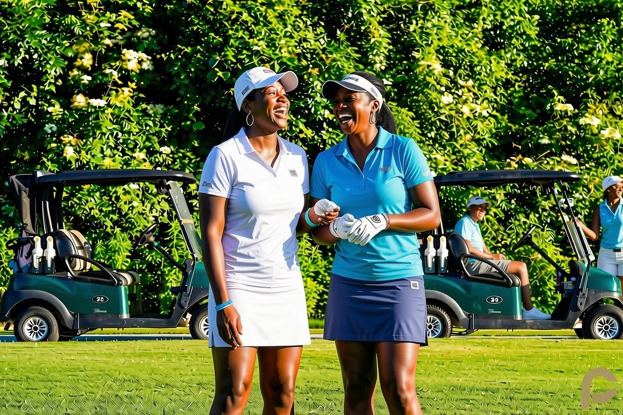 Two women golfers sharing a laugh on a golf course, with greenery and golf carts in the background.