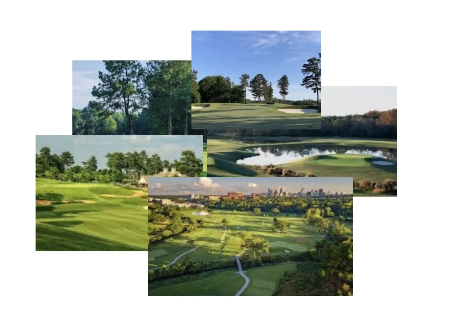 Collage of golf courses featuring trees, water hazards, fairways, and city skyline in the background.