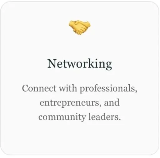 A card with a handshake icon at the top, the title 'Networking', and the text 'Connect with professionals, entrepreneurs, and community leaders.'
