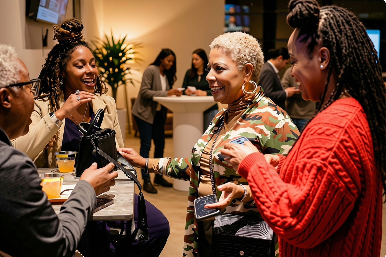 A group of four diverse women and one man engaging in conversation and smiling at a social event in a modern indoor setting, with other people in the background.