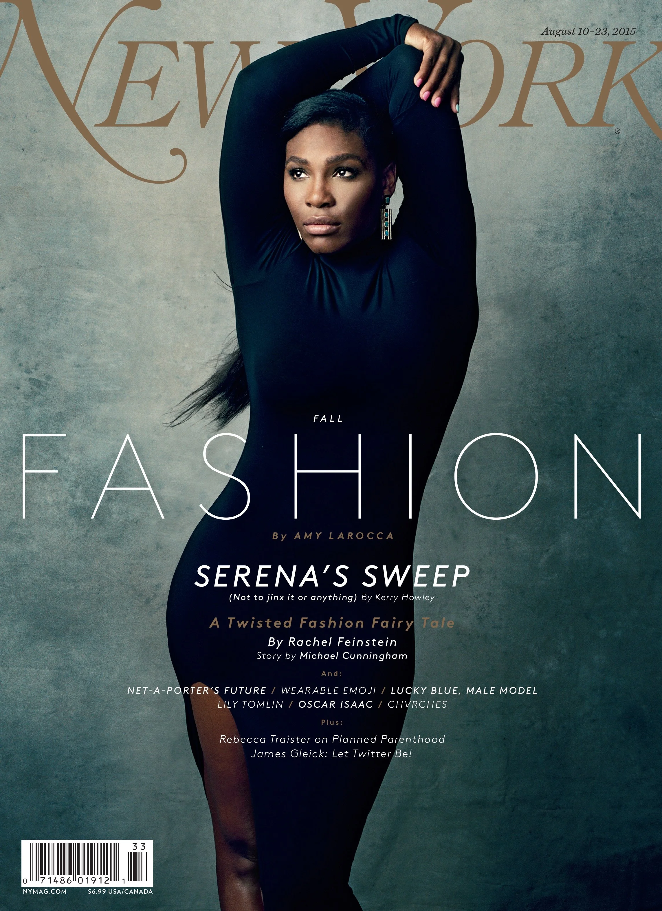Magazine cover featuring a woman in a black dress with one arm raised behind her head, set against a textured gray background with large text and smaller headlines.
