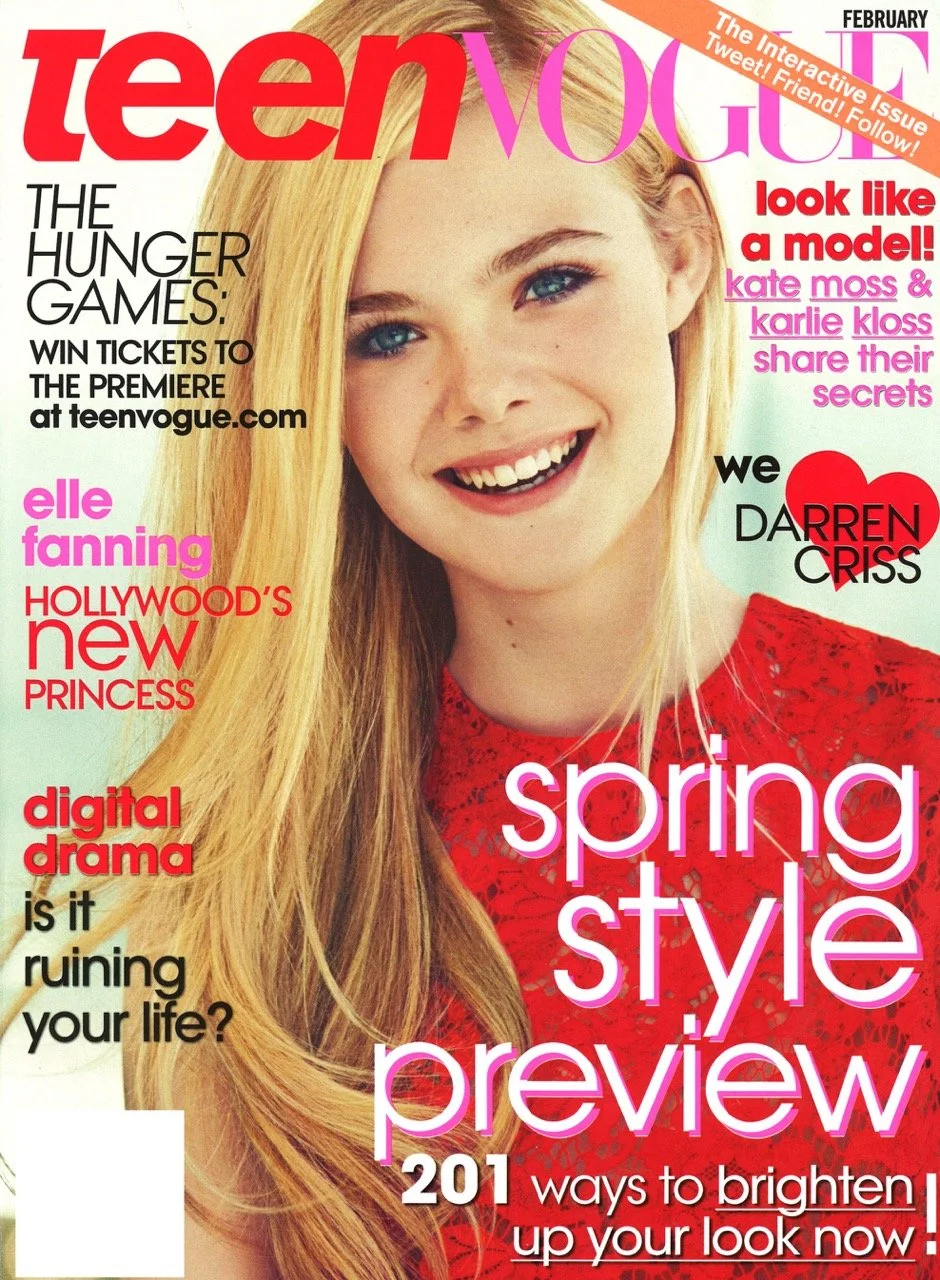 Teen Vogue magazine cover featuring a young woman with long blonde hair, smiling, wearing a red lace top, with various headlines about fashion, celebrities, and digital drama.